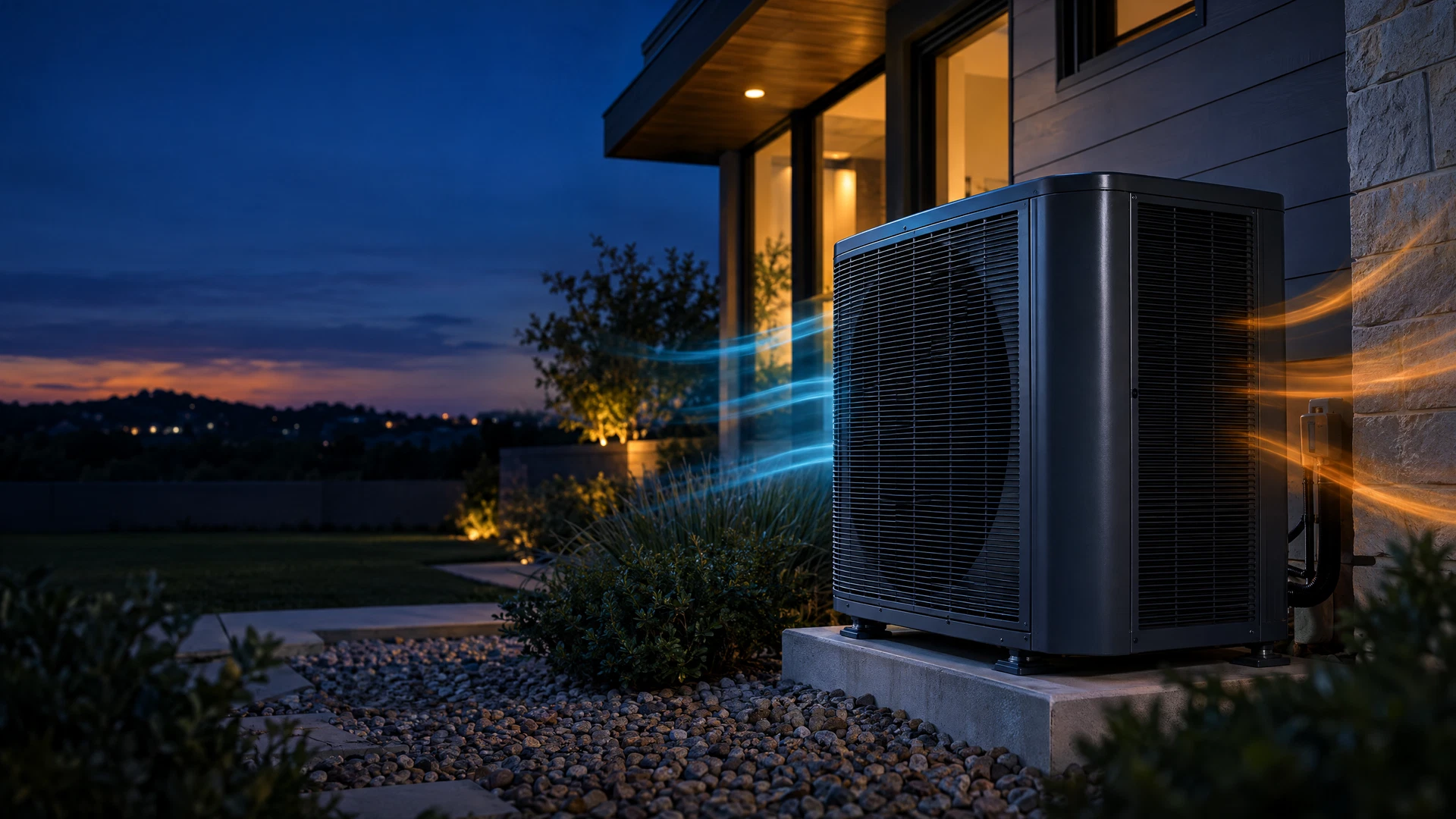 Modern residential heating and cooling equipment beside a Texas home
