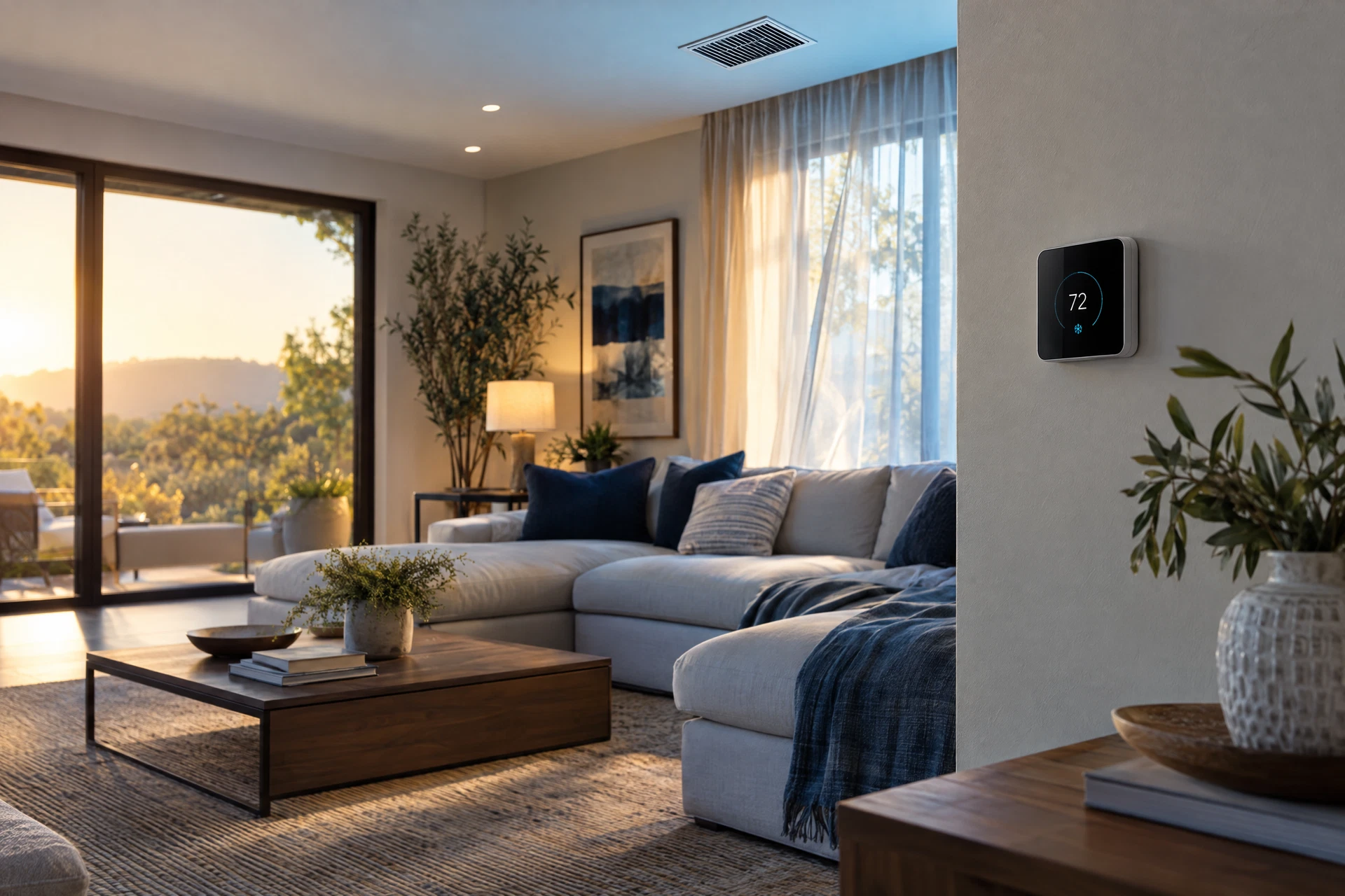 Comfortable home interior with thermostat and conditioned airflow